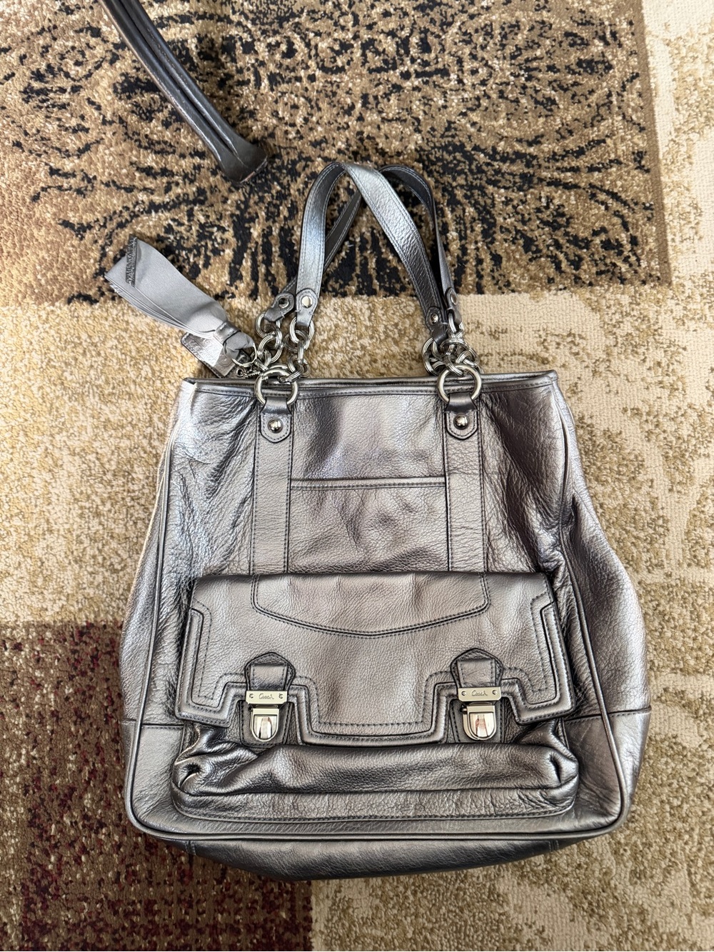 Coach Metallic Silver Leather Tote with Front Flap Pocket